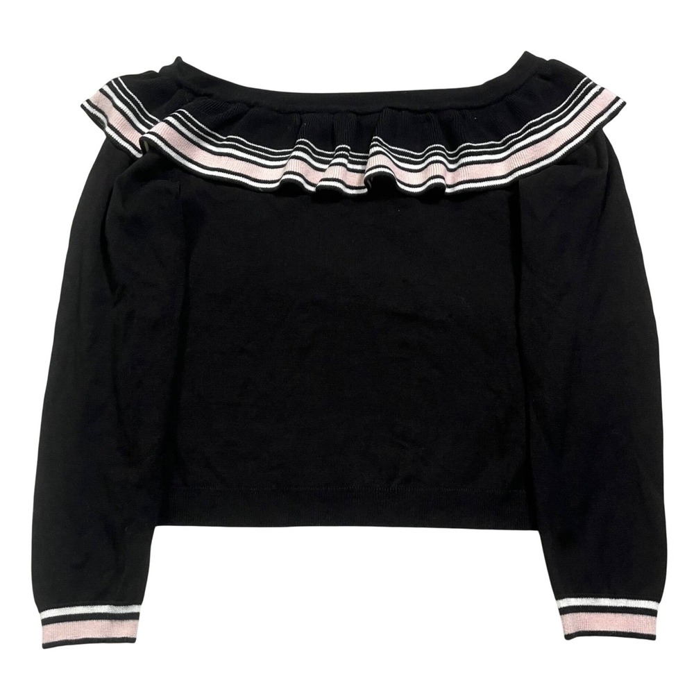 Preppy Womens Black Off Shoulder Ruffle Sweater Long Sleeve Lolita Kawaii Size M